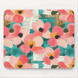 Coral Pink Floral Turquoise Vintage Mouse Pad