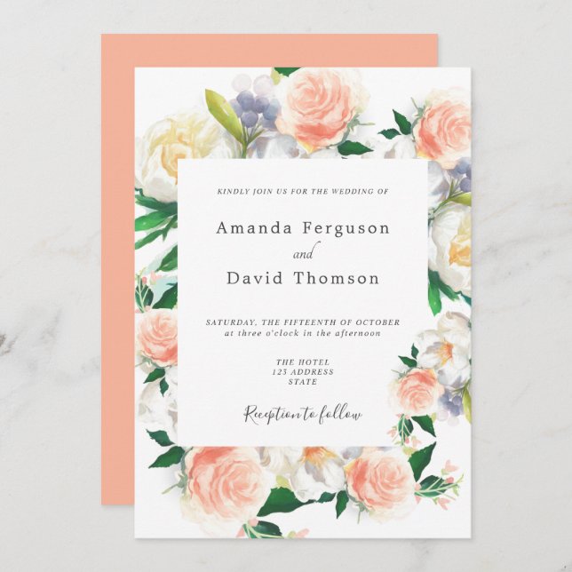 Coral pink florals script wedding invitation (Front/Back)