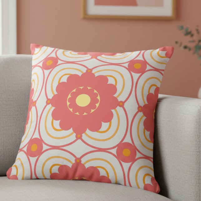 Coral Pink Flower Cushion (Hand‑drawn and mid‑century inspired, perfect for a soft‑color statement.)