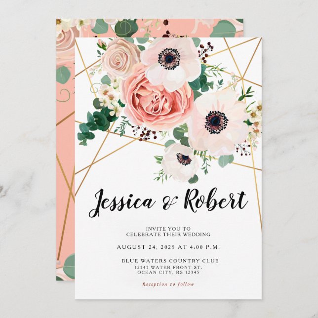 Coral Pink Flowers Elegant Wedding Invitation (Front/Back)