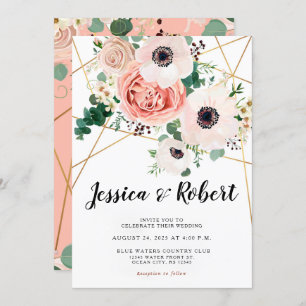 Coral Pink Flowers Elegant Wedding Invitation