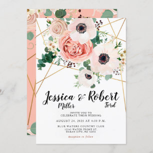 Coral Pink Flowers Elegant Wedding Surnames Invitation