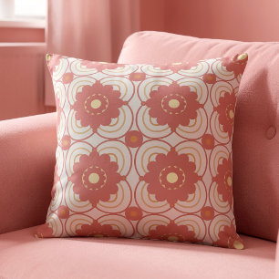 Coral Pink Flowers On Cream Cushion