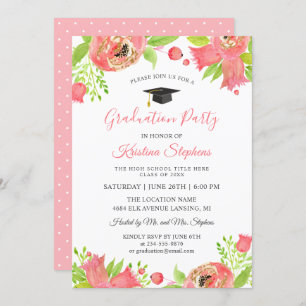Coral Pink Flowers Spring Garden Graduation Party Invitation