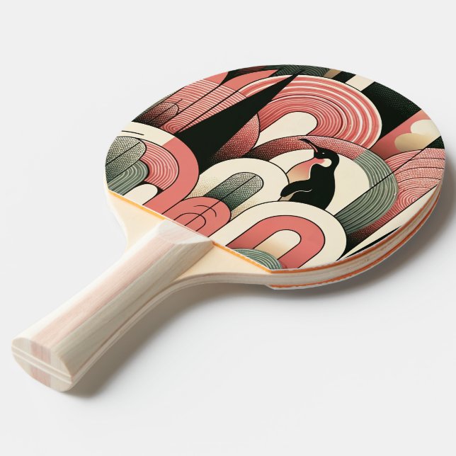 Coral Pink Geometric Abstract Art Deco Penguin Ping Pong Paddle (Front Angle)