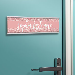 Coral Pink Glitter Pattern Script Signature Door Sign