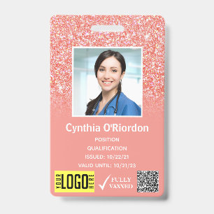 Coral Pink Glitter Photo ID QR Barcode Badge
