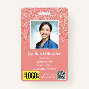 Coral Pink Glitter Photo ID QR Barcode ID Badge