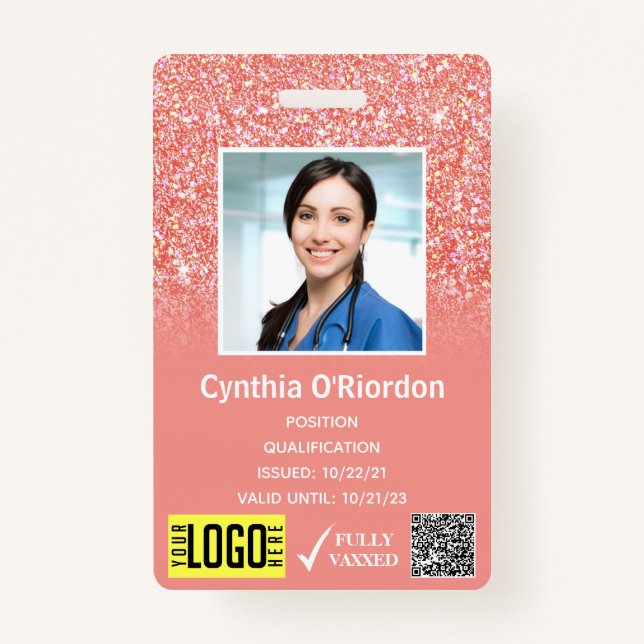 Coral Pink Glitter Photo ID QR Barcode ID Badge (Front)