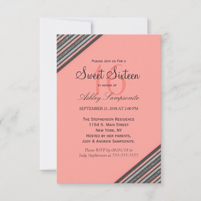 Coral Pink & Glitter Stripes Invitation (Front)