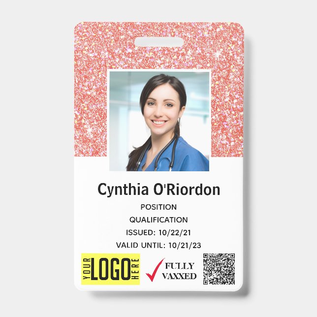 Coral Pink Glitter Technician Photo ID QR Barcode Badge (Front)