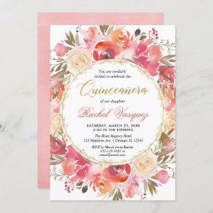 Coral pink gold garden theme Quinceanera Invitation