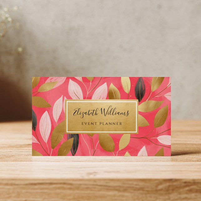Coral Pink Gold Leaves Botanical Business Cards (Creator Uploaded)