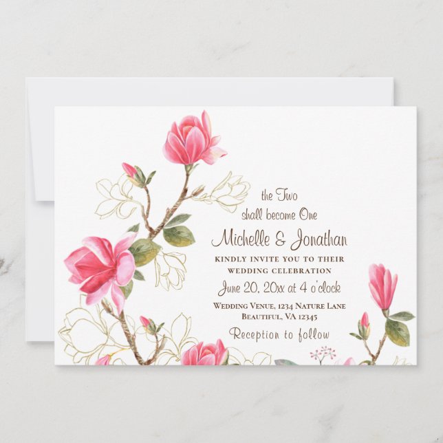 Coral Pink Gold Magnolia Floral Christian Wedding Invitation (Front)