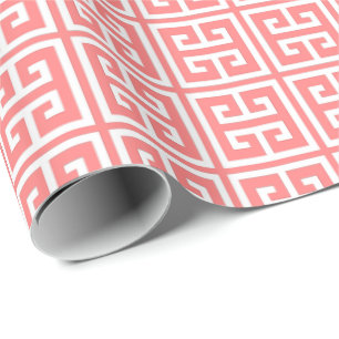 Coral Pink Greek Key Pattern Wrapping Paper