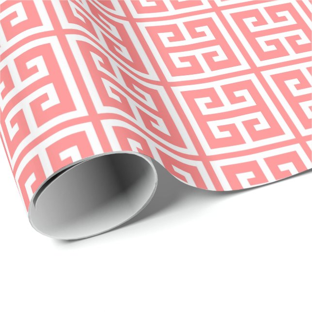 Coral Pink Greek Key Pattern Wrapping Paper (Roll Corner)