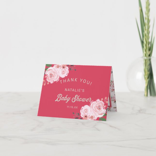 Coral Pink & Green Floral Baby Shower Thank You Note Card (Front)