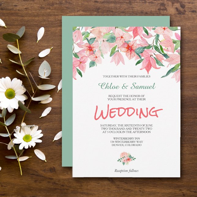 Coral Pink Green Floral Border Wedding Invitation (Creator Uploaded)