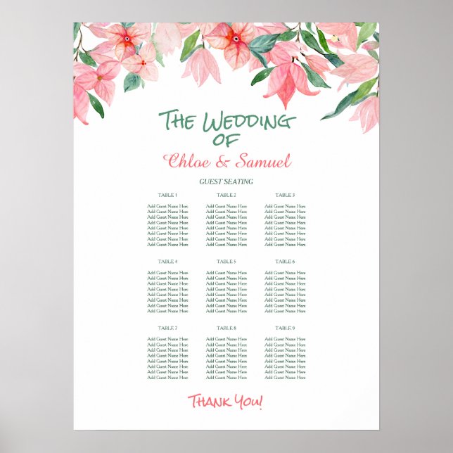 Coral Pink Green Floral Wedding Seating Chart (Front)