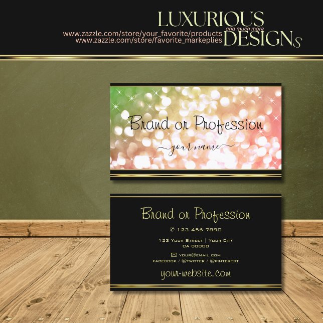 Coral Pink Green Gradient Glitter Stars Gold Black Business Card (Creator Uploaded)