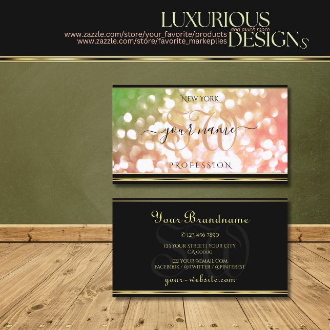 Coral Pink Green Ombre Glitter Initials Gold Black Business Card (Creator Uploaded)