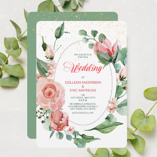 Coral Pink Green Rose Floral Wedding Invitation