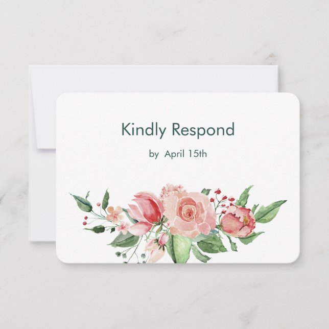 Coral Pink Green Rose Floral Wedding RSVP Card (Front)