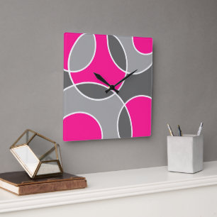 Coral Pink Grey Abstract Circles  Square Wall Clock