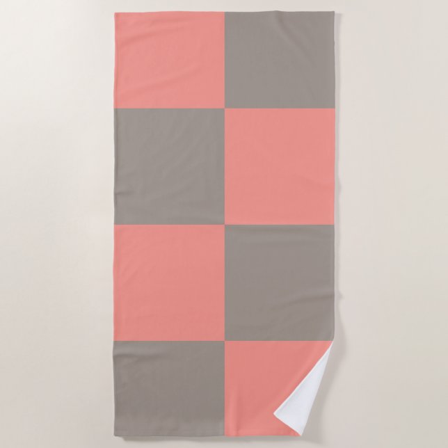 Coral Pink Grey Chequered Pattern Beach Towel (Front)