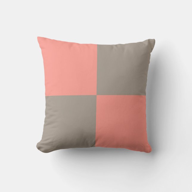 Coral Pink Grey Chequered Pattern Cushion (Front)