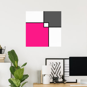 Coral Pink Grey White Squares   Poster