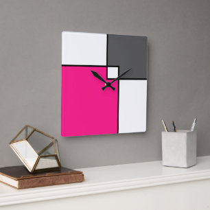 Coral Pink Grey White Squares   Square Wall Clock