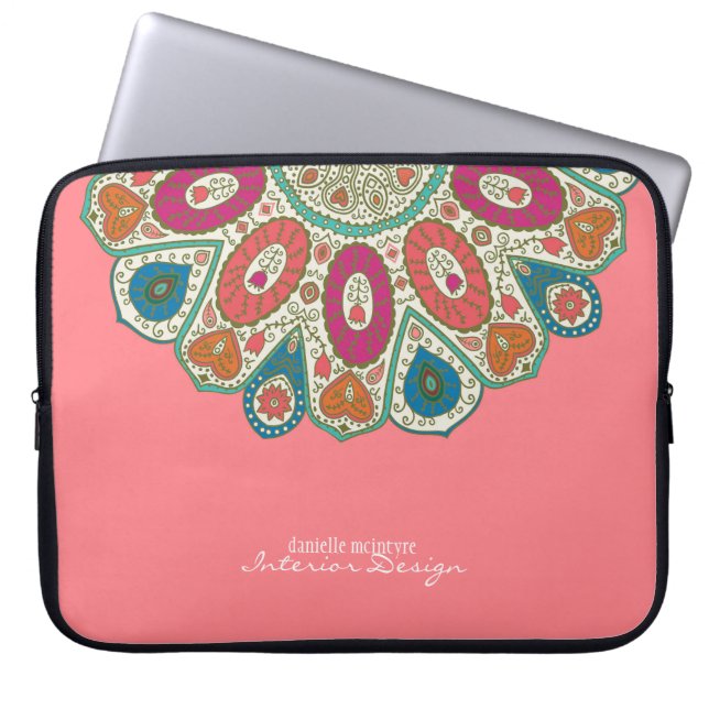 Coral Pink Hand Drawn Henna Circle Pattern Design Laptop Sleeve (Front)