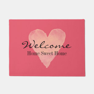 Coral pink heart door mat with cute custom quote