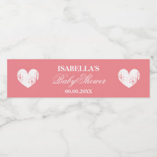 Coral pink heart personalised girls baby shower water bottle label