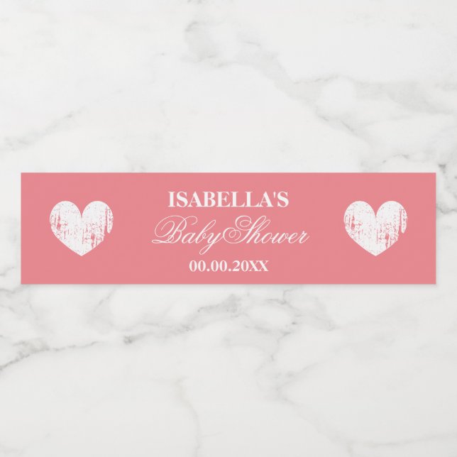 Coral pink heart personalised girls baby shower water bottle label (Single Label)