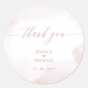 Coral Pink Heart & Watercolor Wedding Thank you Classic Round Sticker