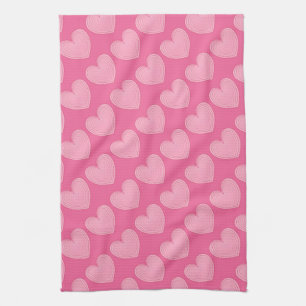 Coral pink hearts, deeper pink background tea towel