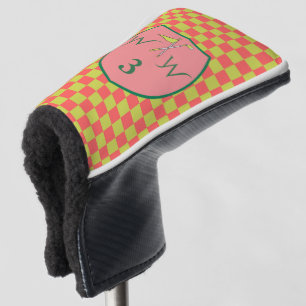 Coral Pink & Lime Green Chequered Monogram Golf Head Cover