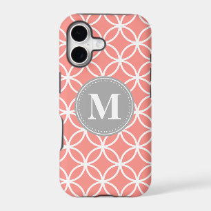Coral Pink Modern Circles Grey Monogram