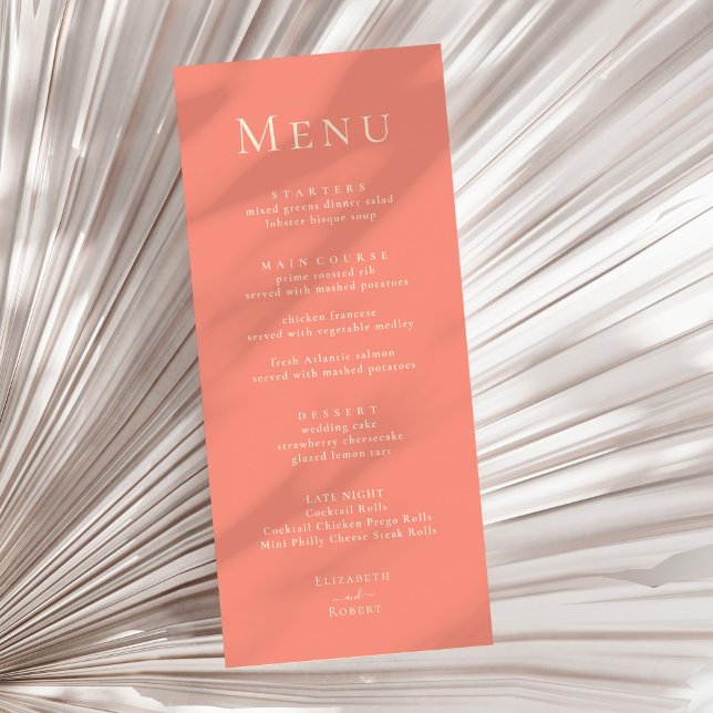 Coral Pink Modern Minimalist Wedding Menu Card (Coral Pink Modern Minimalist Wedding Menu Card on a sunny neutral dry palm leaf.)