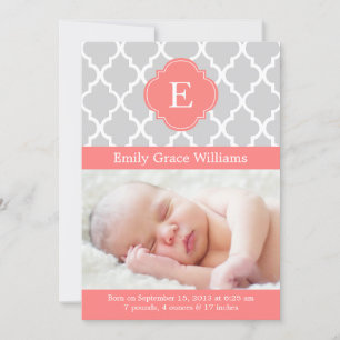 Coral Pink Modern Monogram Custom Photo Baby Birth Announcement