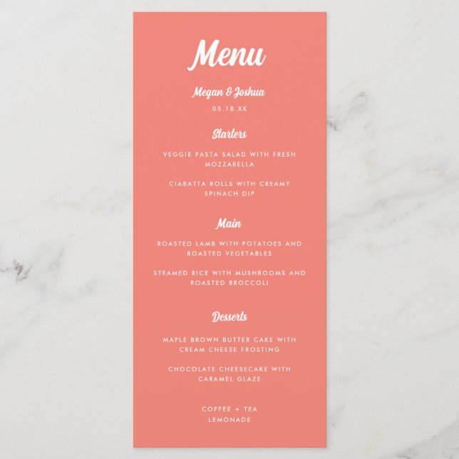 Coral Pink Modern Script Wedding  Menu (Front)