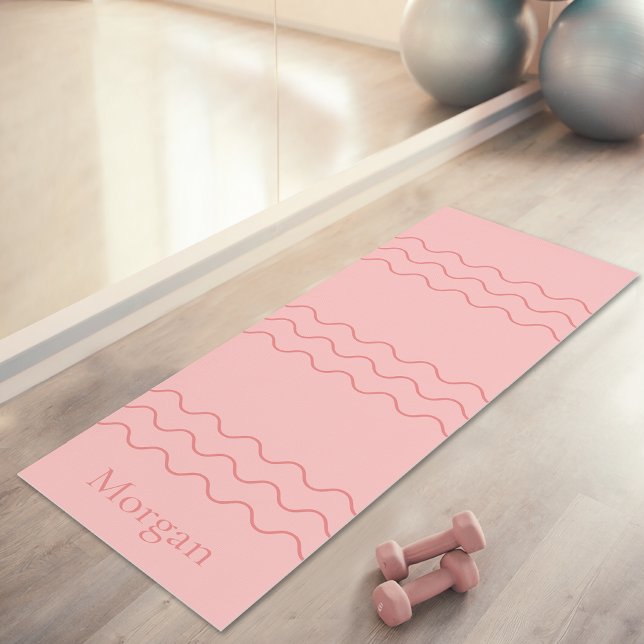 Coral Pink Modern Wavy Lines With Custom Name Yoga Mat (Disclaimer: This image is a digital mockup.)