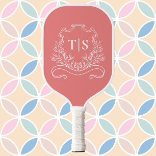 Coral Pink Monogram Initial Girly Classic Crest Pickleball Paddle