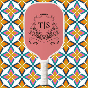 Coral Pink Monogram Initial Girly Classic Crest Pickleball Paddle