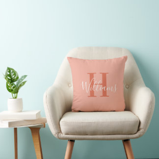 Coral Pink Monogram Name Script Typography Cushion