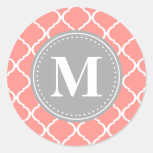 Coral Pink Moroccan Lattice Grey Monogram Classic Round Sticker