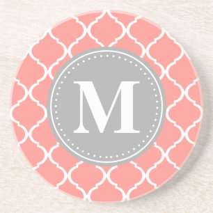 Coral Pink Moroccan Lattice Grey Monogram Coaster