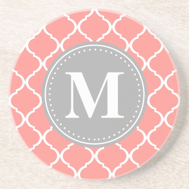 Coral Pink Moroccan Lattice Grey Monogram Coaster (Front)
